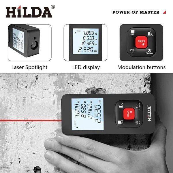 Лазерний далекомір HILDA LDM E50 CJ390 50 м, лазерна рулетка на акумуляторі 25-11 фото