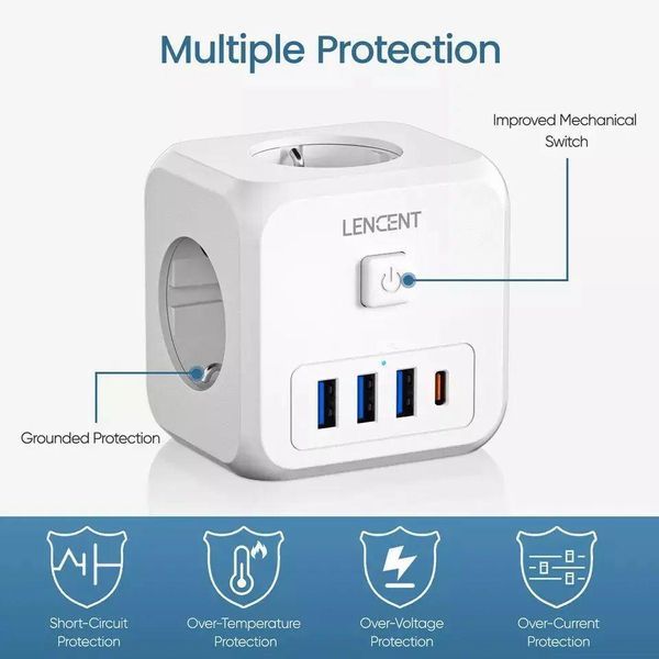 Мережевий фільтр, трійник LENCENT | 3 розетки | 3 USB порта | 1 Type-С | швидка зарядка 20-16 фото