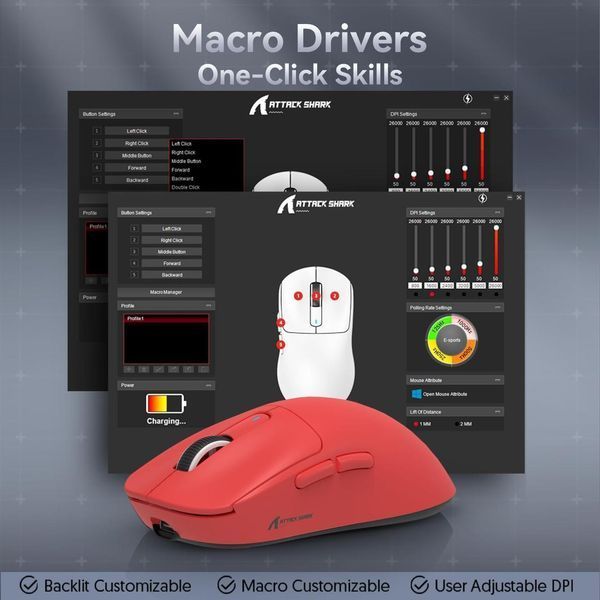 Бездротова мишка&nbsp;ATTACK SHARK X3 Red | PAW3395 | 26000 DPI | 65 годин на одному заряді 22-16 фото