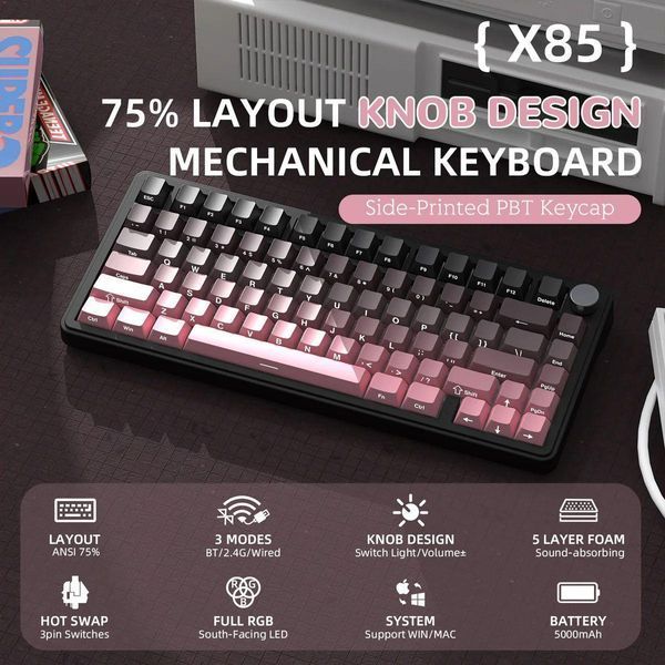 ATTACK Shark X85 Pink бездротова клавіатура 75% | RGB підсвітка | бокове гравіювання 21-16 фото