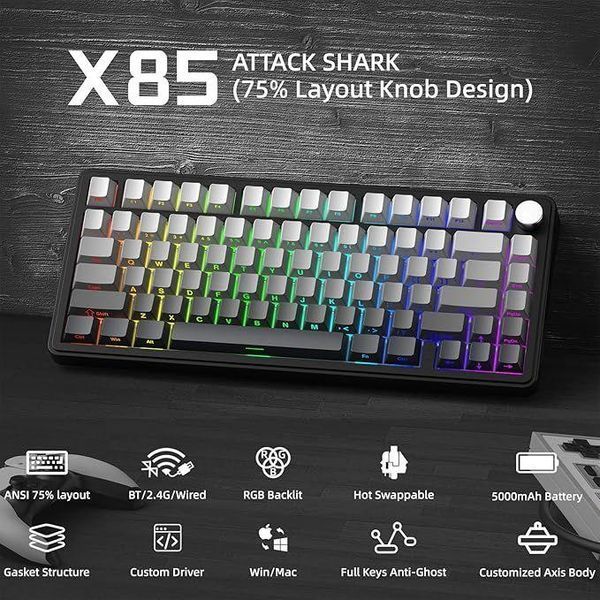 ATTACK Shark X85 Grey бездротова клавіатура 75% | RGB підсвітка | бокове гравіювання 21-18 фото
