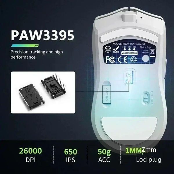 Беспроводная мышка Delux M800 PRO White | Сенсор PAW3395 | 800-26000 DPI | 60 часов аккум 22-21 фото