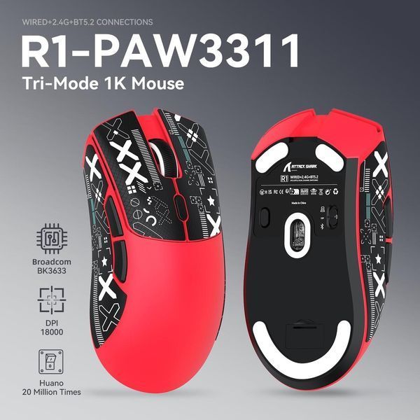 Бездротова мишка&nbsp;ATTACK SHARK R1 Red | PAW3311 | 18000 DPI | 65 годин на одному заряді 22-25 фото
