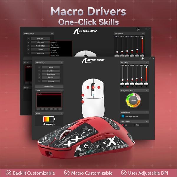 Беспроводная мышка ATTACK SHARK X6 Red + Зарядная станция RGB | PAW3395 | 65 часов на одном заряде 22-32 фото